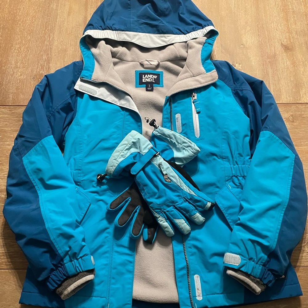 Lands' End Blue and Gray Jacket with Gloves